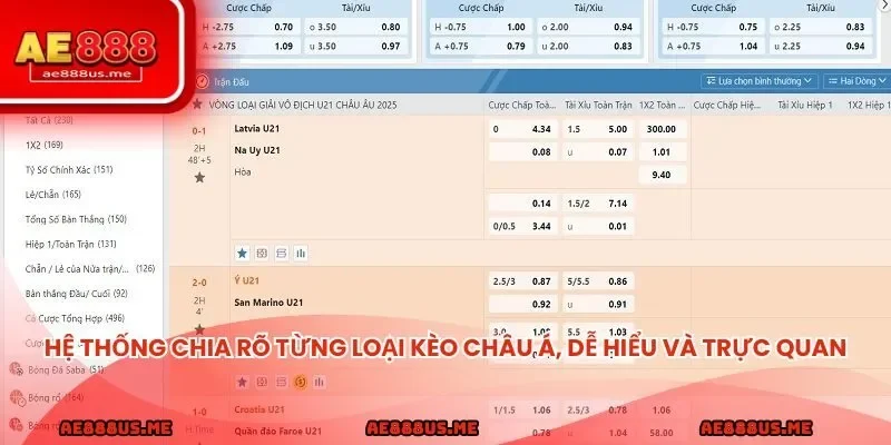 Hệ thống chia rõ từng loại kèo châu Á, dễ hiểu và trực quan.